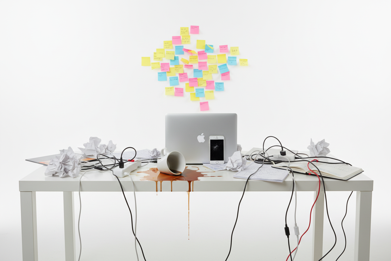 generate me a picture of a super messy desk with lots of crumpled papers, coffee spilled, wires and cables everywhere, iphone on the computer, sticky notes on the wall in front, etc. make it a white desk and the computer as a macbook. make it professional like it was made like that and put it in a white studio background/room